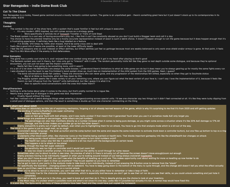 A zoomed out screenshot of some notes I took, a large chunk of it being allocated to ranting about UI/UX of a particular game